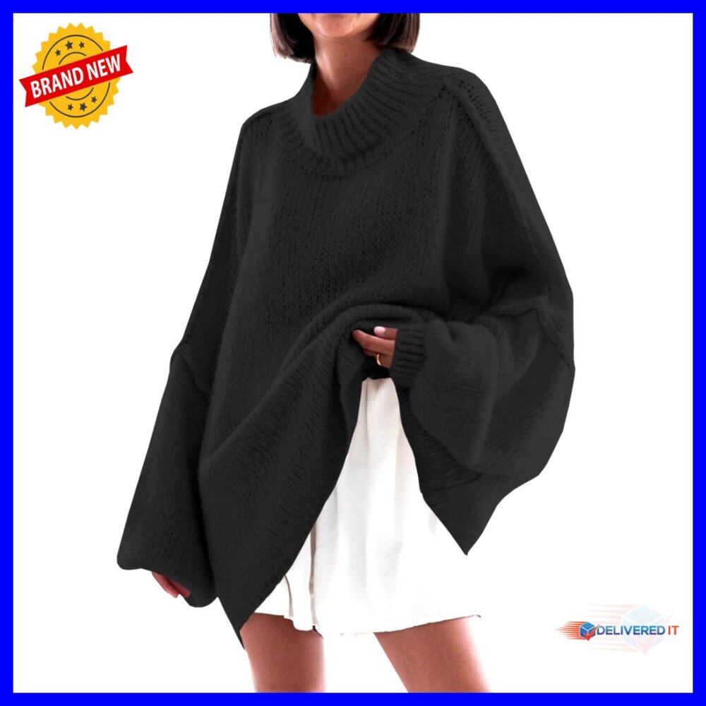 Oversized Mock Neck Batwing Sweater Ribbed Knit Chunky Casual Tunic Pullover